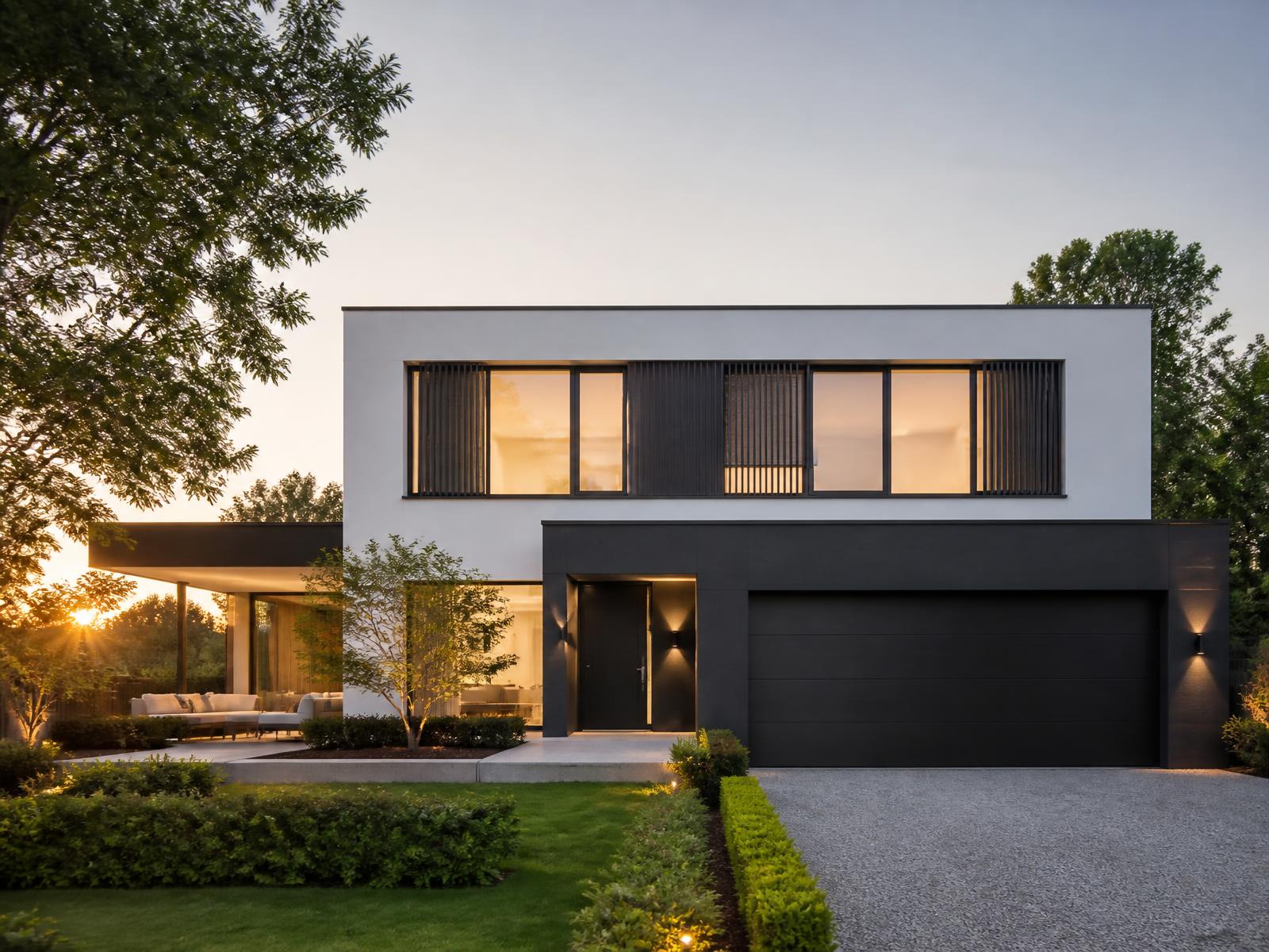 Moderne woning met zonwering, terrasoverkapping en sectionale poort